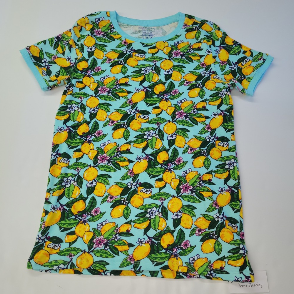 Vera Bradley Lemon Grove Ribbed Pajama Shirt S 100% Cotton Short Sleeve Blue New